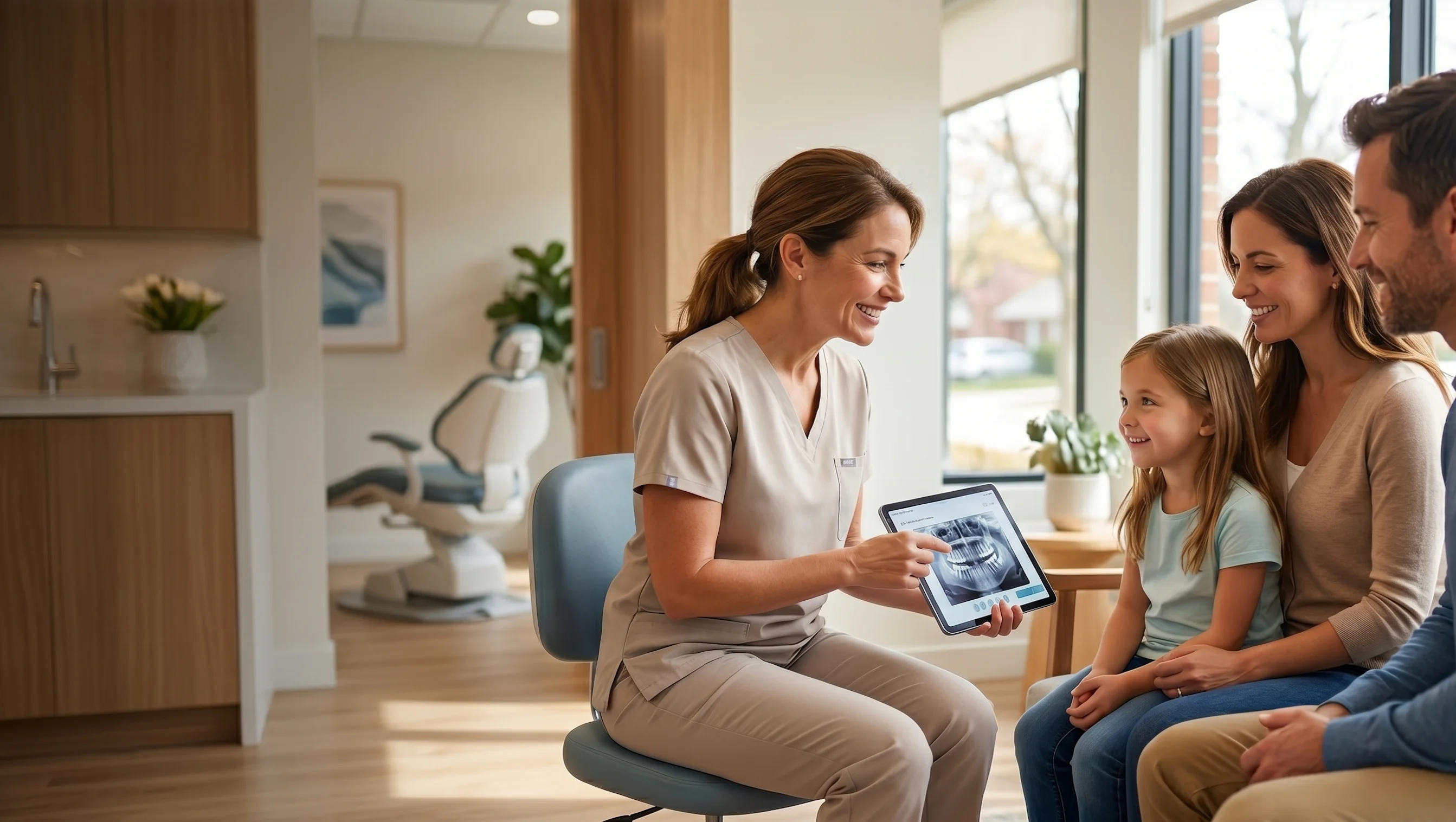 Modern dental office with dentist showing x-ray to family